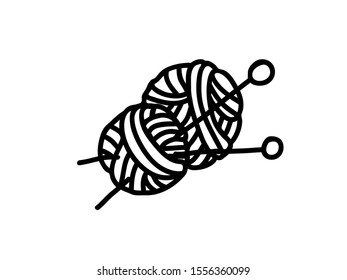 Yarn balls with needles. Wool knitting vector icon. 