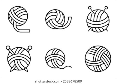 Fios bolas do conjunto de ícone de linha. Tricô, vetor de crochê sinal plano, ilustração de vetor no fundo branco