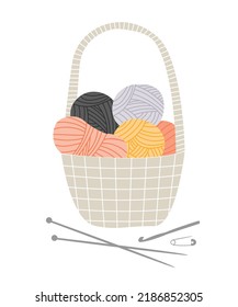 Yarn basket with knitting needles and crochet hook. Craft tools and materials.