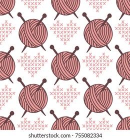 Yarn clew ball seamless pattern sewing wrapping woven paper background craft homemade fabric print handmade needlework roll backdrop wallpaper vector illustration.