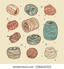 yarn collection, hand drawn style, wool clew and skein set, colored vector illustration