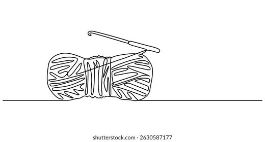 yarn and crochet hook continuous one line drawing, Knitting, ball of wool and needles Illustration, Balls of thread. Skein of knit. Vector art line, yarn ball and crochet hook crafting supplies pro.