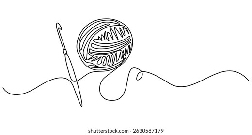 yarn and crochet hook continuous one line drawing, Knitting, ball of wool and needles Illustration, Balls of thread. Skein of knit. Vector art line, yarn ball and crochet hook crafting supplies pro.