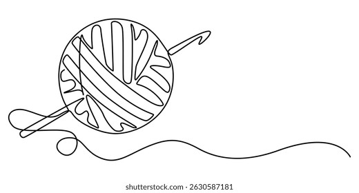 yarn and crochet hook continuous one line drawing, Knitting, ball of wool and needles Illustration, Balls of thread. Skein of knit. Vector art line, yarn ball and crochet hook crafting supplies pro.