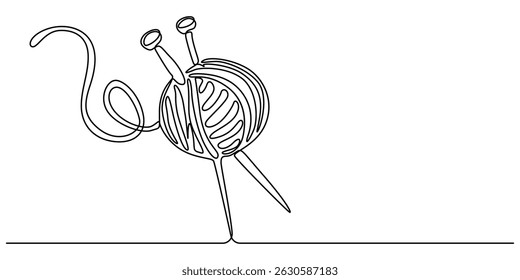 yarn and crochet hook continuous one line drawing, Knitting, ball of wool and needles Illustration, Balls of thread. Skein of knit. Vector art line, yarn ball and crochet hook crafting supplies pro.