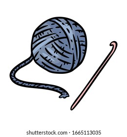 Yarn And Crochet Hook Doodle Cute Cartoon Image. Hand Made Comic Style Logo. Media Highlights Icon