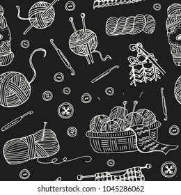Yarn hand drawn doodle seamless pattern. Sketches. Vector illustration for design and packages product. Symbol collection.