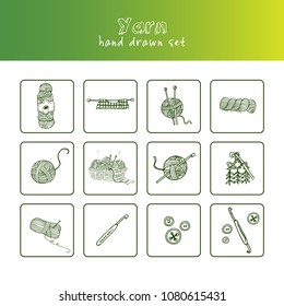 Yarn hand drawn doodle set. Sketches. Vector illustration for design and packages product. Symbol collection.