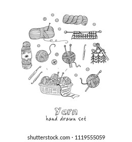 Yarn hand drawn doodle set. Sketches. Vector illustration for design and packages product. Symbol collection.