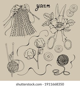 Yarn hand drawn graphic elements realted to sewing and knitting