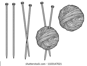 Yarn and knitting needles illustration, drawing, engraving, ink, line art, vector


