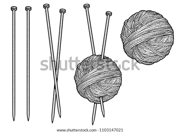Yarn Knitting Needles Illustration Drawing Engraving Stock