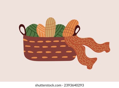 Yarn for knitting in a wicker basket, balls of woolen yarn for needlework, knitting and crocheting. Banner with threads is ideal for posters, greeting cards and various creative projects