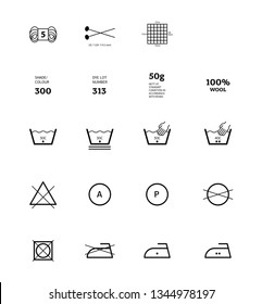 Yarn label information. Vector icons fabric feature, garments property symbols. Elements - wind proof, wool, waterproof, uv protection. Linear wear labels, textile industry pictogram for clothes