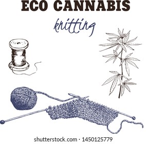 Yarn made of cannabis vector illustration. Knitting from cannabis yarn and threads. Eco concept of textile.