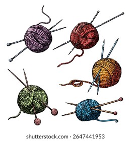 fio agulha tricô ajustado à mão desenhado. algodão acrílico, gancho de tear, linha artesanal fio agulha tricô esboço vetor. ilustração de cor isolada
