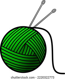 Garne und Nadeln einzeln auf Vektorgrafik. Grüner Garnvektor für Logo, Symbol, Symbol, Wirtschaft, Design oder Dekoration. Grüner Garnball mit Nadeln 