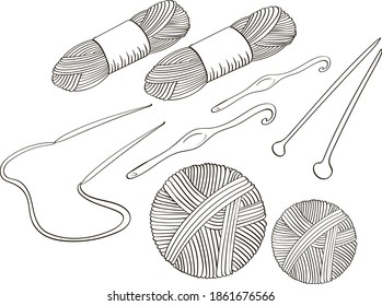 Yarn and needles, vector doodle hand drawn black and white illustration.