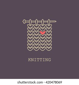 Yarn on knitting needle. Modern vector line icon of hand made, business logo. Outline symbol for shops, clubs. Cute design element for sites.