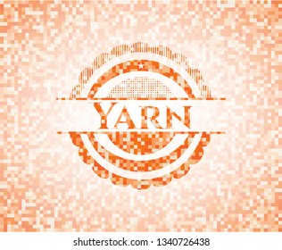 Yarn orange tile background illustration. Square geometric mosaic seamless pattern with emblem inside.