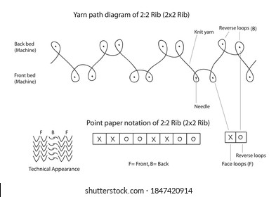 Yarn path diagram and point paper notation of 2x2 rib (2:2 rib structure of weft flat knitting of rib knitting in fabric manufacturing) , knited fabric geometry , fabric structure and analysis