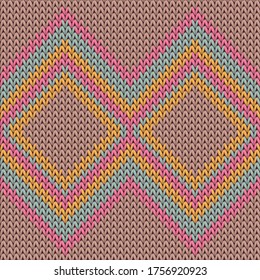 Yarn rhombus argyle knitted texture geometric vector seamless. Pullover knit tricot  fabric print. Nordic style seamless knitted pattern. Abstract xmas wallpaper.