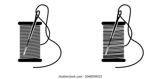 Yarn roll or boll. Cartoon needle with thread. Needle pictogram. Flat black wire vector icon.