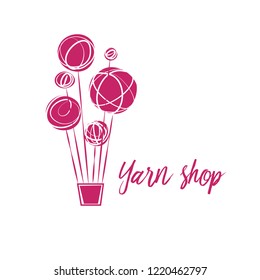Yarn shop vector template logo. Freehand drawn line concept balloon and color wool clew on white background.