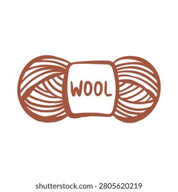 Yarn skein with label. Handmade knitting supply in doodle style, minimal cozy illustration, isolated.