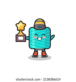 yarn spool cartoon as an ice skating player hold winner trophy , cute style design for t shirt, sticker, logo element