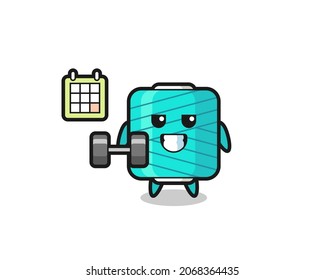 yarn spool mascot cartoon doing fitness with dumbbell , cute style design for t shirt, sticker, logo element