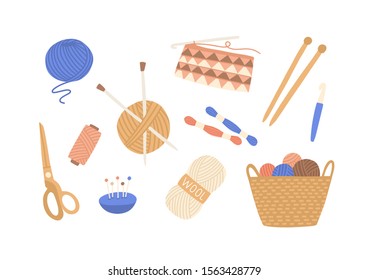 Yarn and threads colorful flat vector illustrations set. Skein of wool, knitting needles, yarn basket, weaving wool, scissors pack. Needlework, tools for sewing and knitting collection.