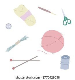 Yarn and threads colorful flat vector illustration set. A skein of wool, knitting needles, weaving from wool, scissors. Needlework, sewing and knitting tools.