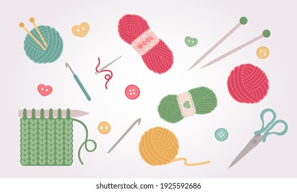 Yarn and threads colorful flat vector illustrations set. Needlework, tools for sewing and knitting collection.