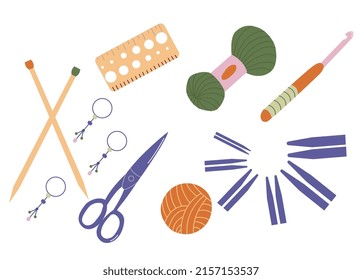 Yarn and threads colorful flat vector illustrations set. Skein of wool, knitting needles, yarn basket, weaving wool, scissors pack. Needlework, tools for sewing and knitting collection.