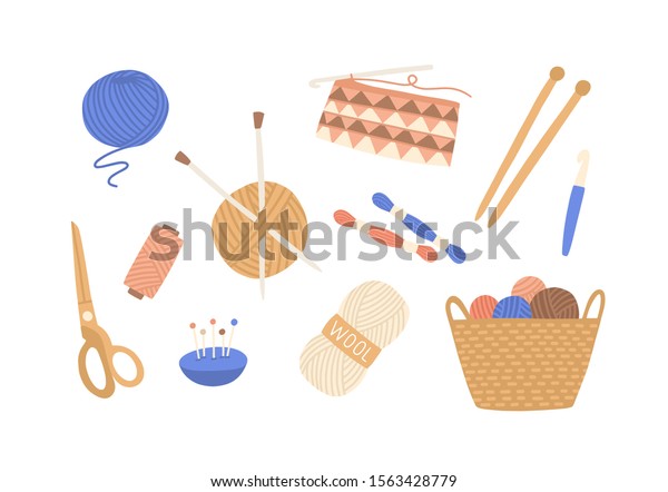 Yarn and threads colorful flat vector\
illustrations set. Skein of wool, knitting needles, yarn basket,\
weaving wool, scissors pack. Needlework, tools for sewing and\
knitting collection.