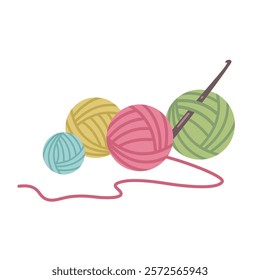 Yarn and threads isolated on white background. Colour Balls of yarn for knitting with crochet needle. Thread yarn with crochet hook. Needlework. Knitting threads. Vector illustration