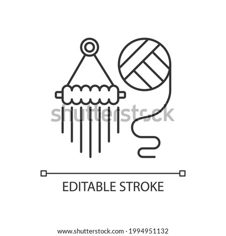 Yarn wall hangings linear icon. Boho style. Handmade pieces for decoration. Macrame decor. Thin line customizable illustration. Contour symbol. Vector isolated outline drawing. Editable stroke