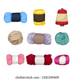 Yarn Wool Set Cartoon. Ball Thread, Cotton Sewing String, Crochet Skein Woolen Roll Knit Yarn Wool Vector Illustration