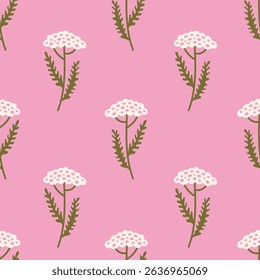 Yarrow Hand Drawn Seamless Pattern. Minimal Floral Background with medicinal herbs and leaves on pink. Repeat vector illustration. Summertime design