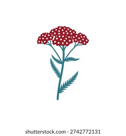 Yarrow New Vintage Red with Deep Red Flowers and Blue-Green Leaves, Flat 2D Vector