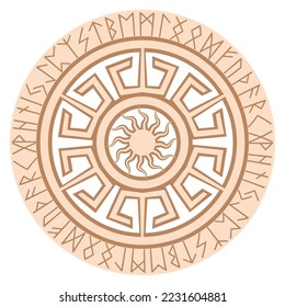 Yarylo, an ancient Slavic symbol, decorated with Scandinavian patterns. Beige fashion design.