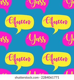 yass queen seamless pattern , yass rani,lettering in speech bubble pattern isolated on black background