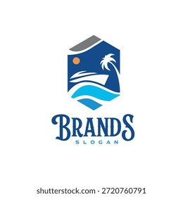 Yatch Ship Beach Logo Design Sunset Scenery Náutico com Palm Tree 