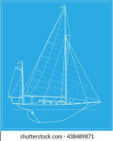 Yawl sailing classic boat. Vector image of two-masted sailing yacht