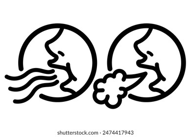 Yawn, burp, breathe, or sigh icon sign illustration with black outline isolated on white horizontal background. Simple flat cartoon inhale exhale art styled drawing.