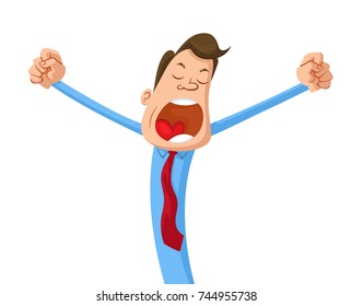 yawning businessman in blue shirt, cartoon illustration