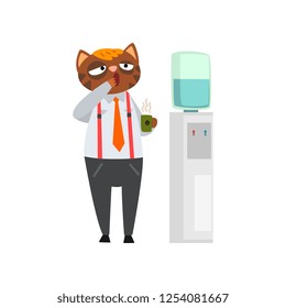 Yawning businessman cat with cup of tea, funny humanized animal cartoon character at work vector Illustration on a white background