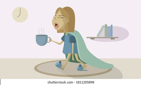 Yawning girl with a cup of coffee at 7 a.m.