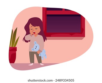 Yawning girl in pajamas and holding a toy, vector scene. The child is ready to sleep or wake up in a cozy interior room. Ideal for stickers and themed designs in a flat style.